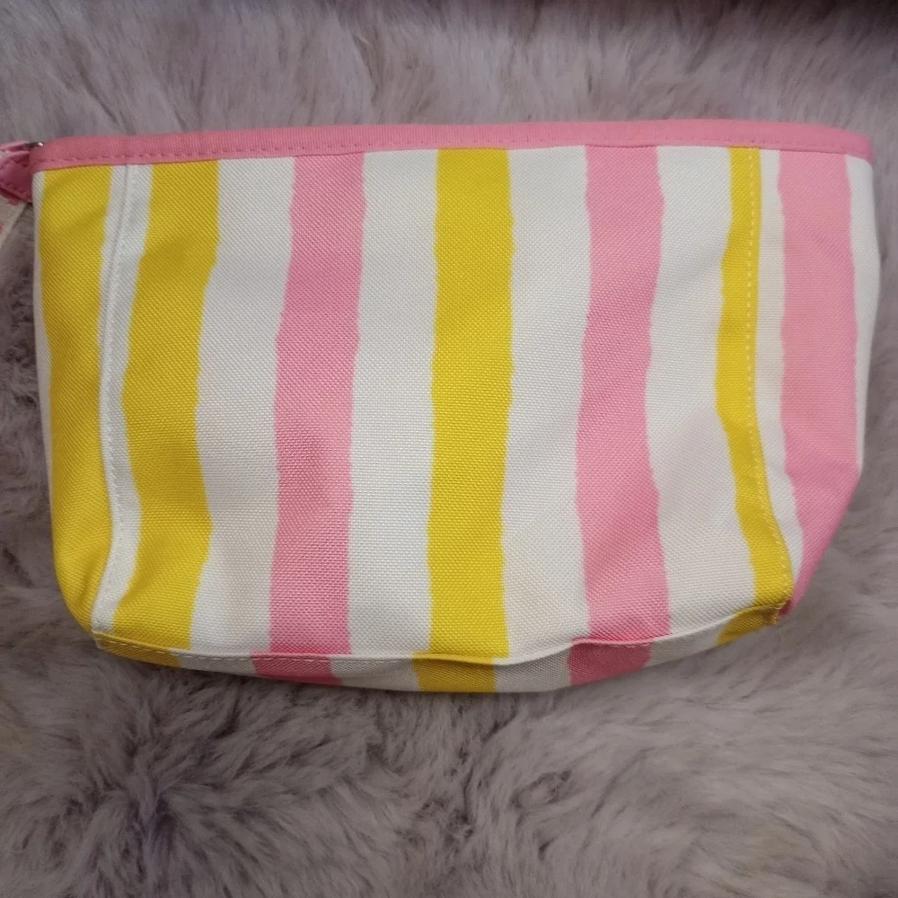 Pink Victoria Secret pink yellow white stripe makeup cosmetic bag NWOT